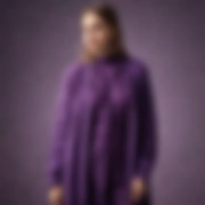 Artistic display of a long purple cardigan among sustainable fashion elements