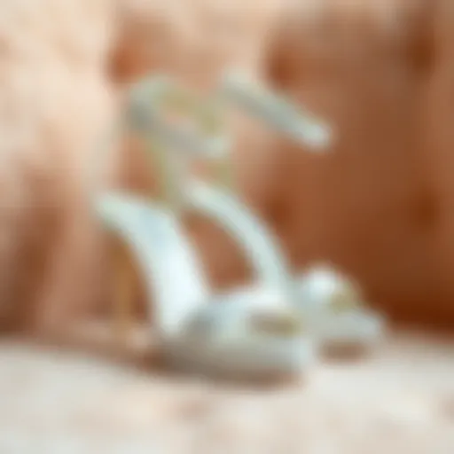 Elegant white high heel sandals with ankle straps displayed on a plush background.