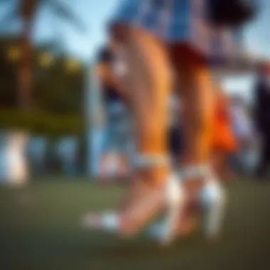 Outdoor Fashion with White High Heel Sandals Fashionable woman showcasing white high heel sandals with ankle straps at an outdoor event.