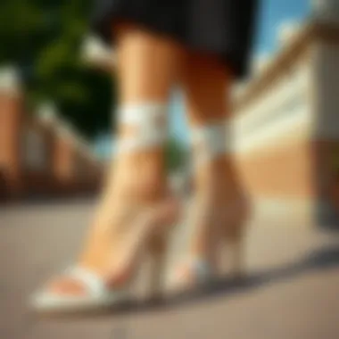 Chic Styling with White High Heel Sandals Stylish ensemble featuring white high heel sandals with ankle straps paired with a chic outfit.