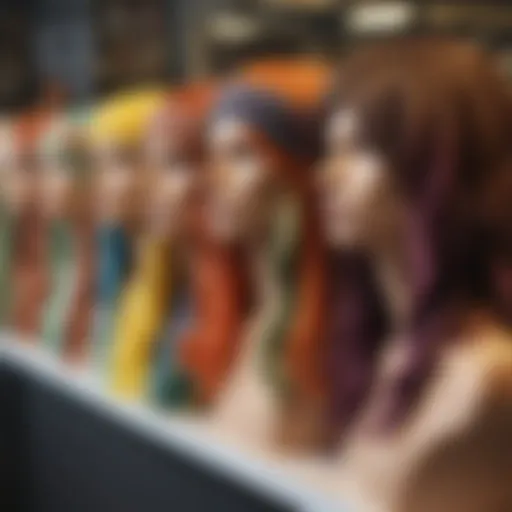 Colorful hippie wigs displayed on mannequins showcasing diverse styles