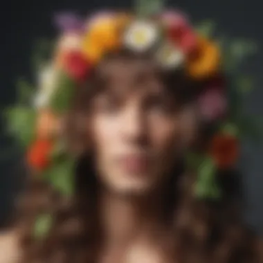 Floral Adornment in Hippie Wigs Close-up of a long, flowing wig adorned with natural elements like flowers