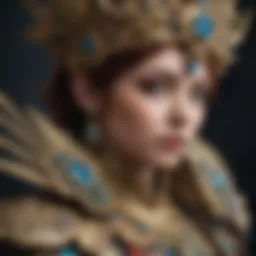 A detailed close-up of intricate costume accessories in fantasy cosplay.