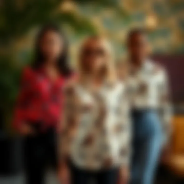 Stylish Variations of the Bird Print Blouse A fashionable arrangement showcasing the versatility of the bird print blouse in different styles