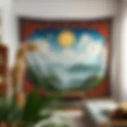 An ornate spiritual wall tapestry depicting a serene landscape.