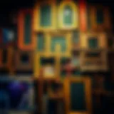 Artistic arrangement of cross picture frames in a vibrant collage