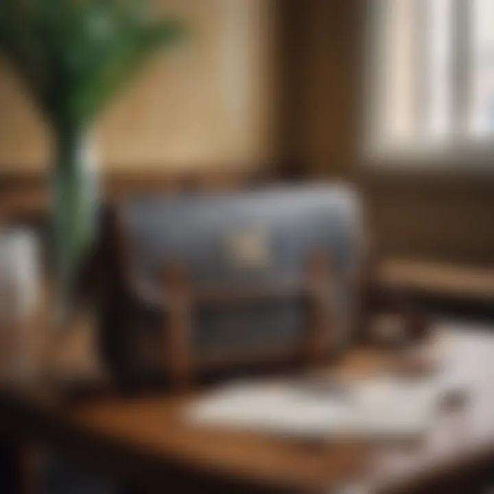 An artistically styled monogram messenger bag placed on a vintage table