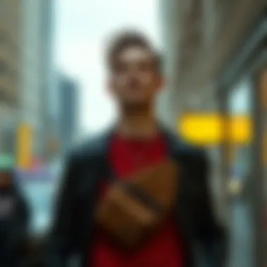 A fashionable individual wearing a chest bag in an urban environment.