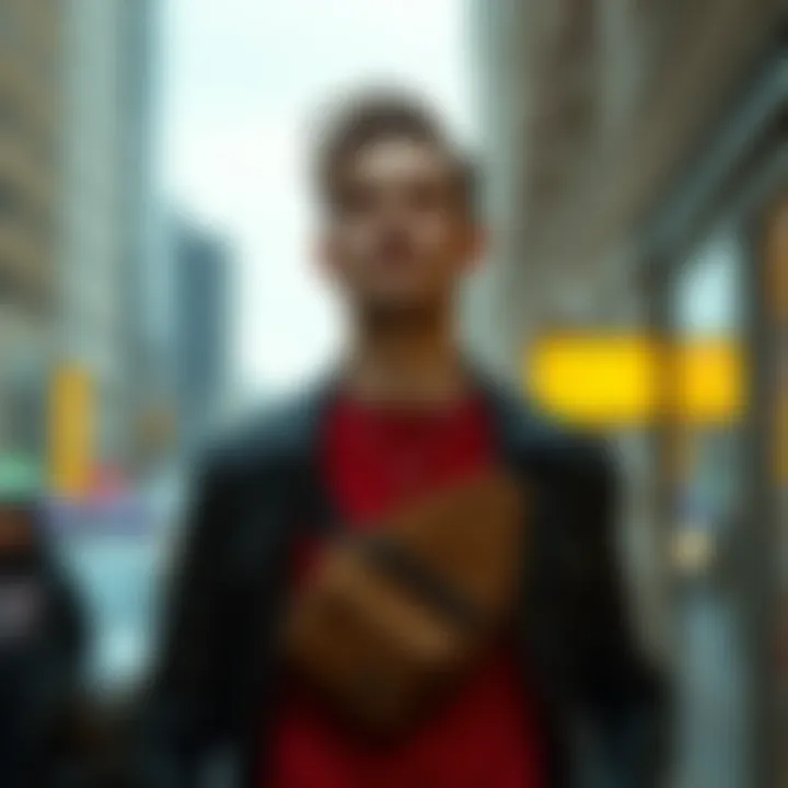 A fashionable individual wearing a chest bag in an urban environment.