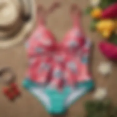 Stylish beach accessories paired with a floral tankini, enhancing the summer look