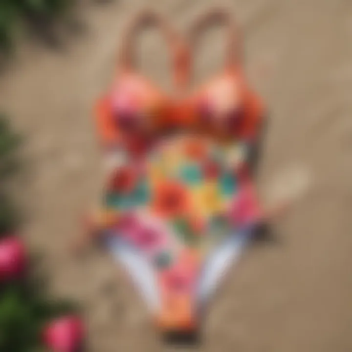 Vibrant floral tankini swimsuit displayed against a natural beach backdrop