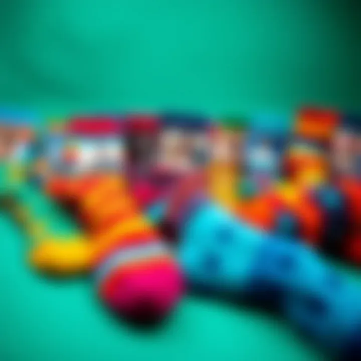 Variety of colorful socks with personal photographs arranged creatively