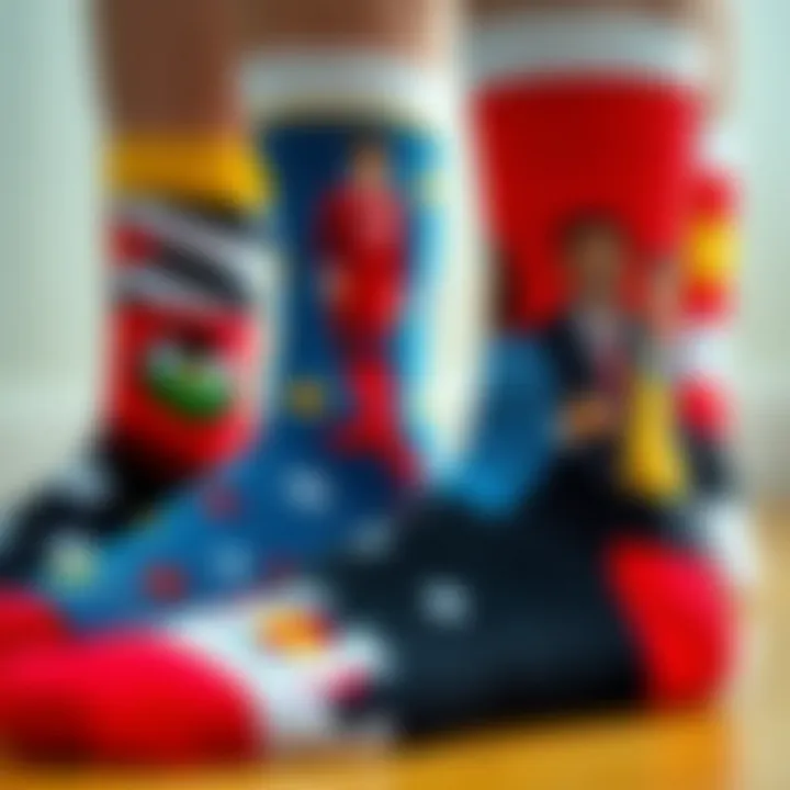 Close-up of unique sock designs featuring custom images