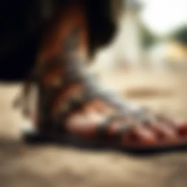 Intricate Design of Gladiator Sandal Detail of a gladiator sandal showcasing intricate design