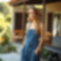 A stylish long denim overall dress showcased in an outdoor setting