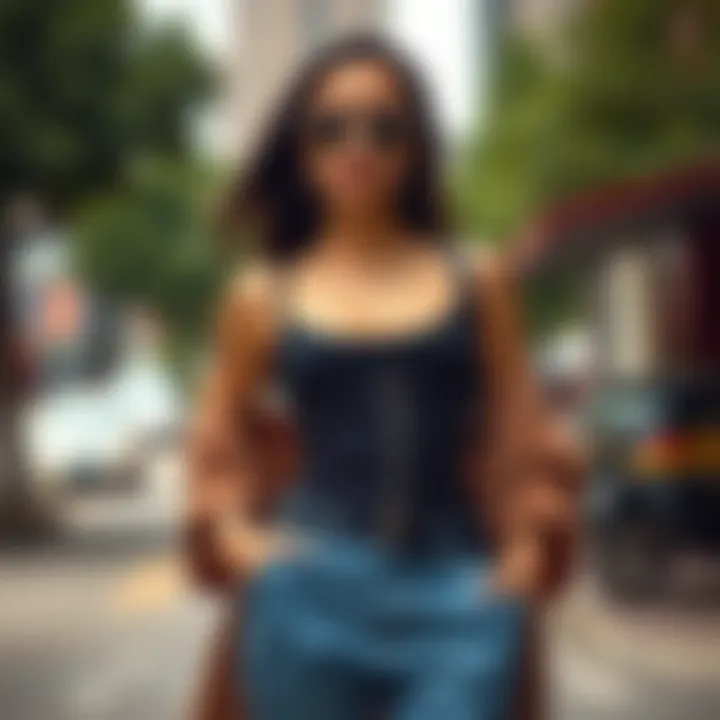 Fashion-forward individual styled in a trendy outfit complemented by a mesh waist trainer.