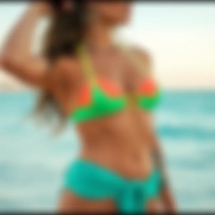 A stylish model wearing a neon underwire bikini top at the beach