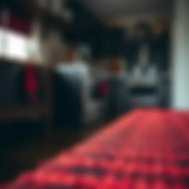 Close-up of the texture and patterns of a red buffalo plaid kitchen rug