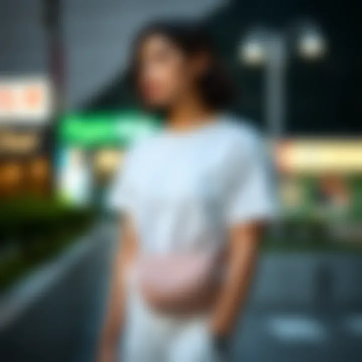 A model wearing a small waist purse in an urban setting.