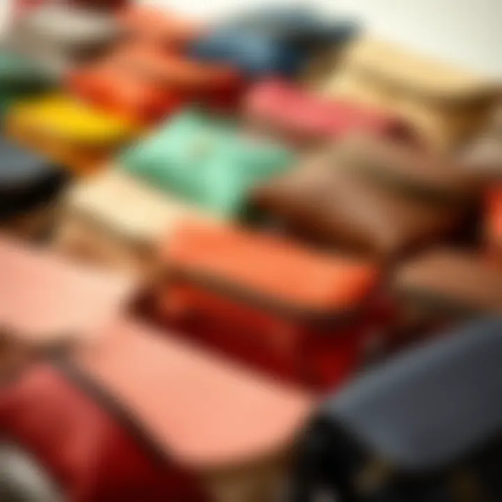 An array of small waist purses in various colors and textures.