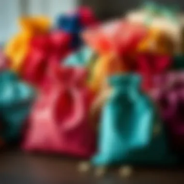 Diverse Materials of Gift Bags A collection of colorful little drawstring gift bags showcasing different materials
