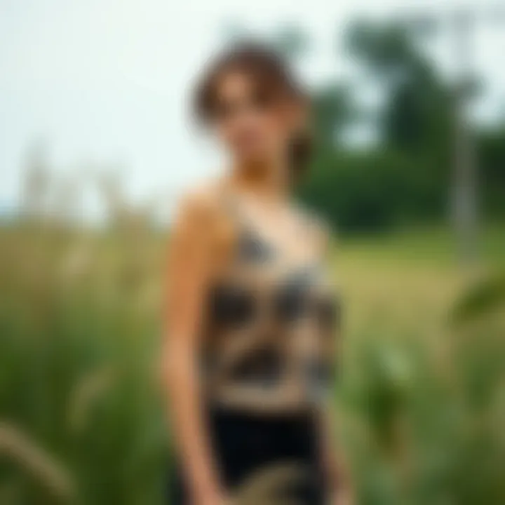 Embracing Nature in Animal Print Tanks A model confidently wearing an animal print tank in a natural outdoor setting.