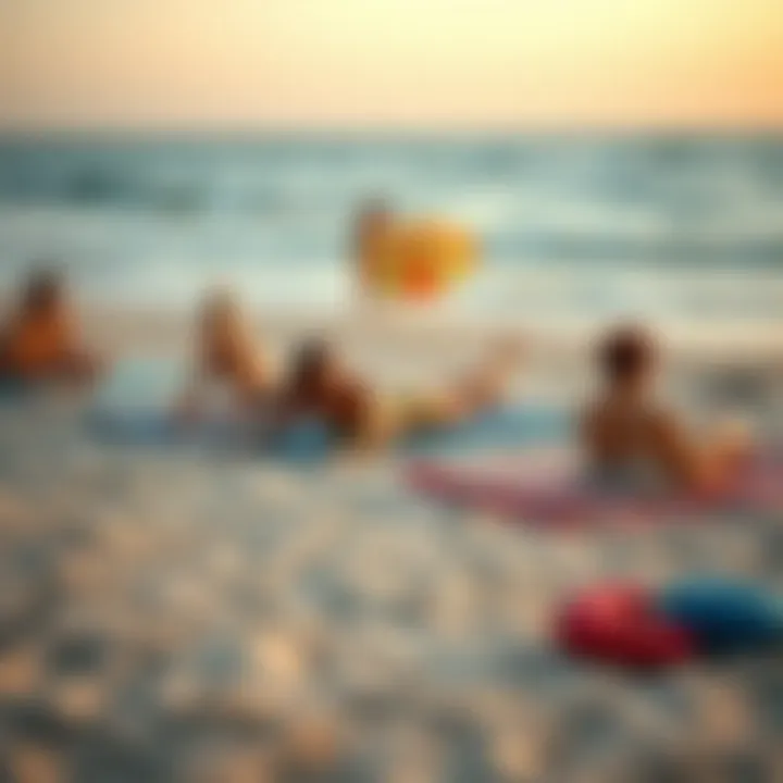 Families Relaxing on Beach Mats A scenic beach scene with families enjoying their time on colorful mats.