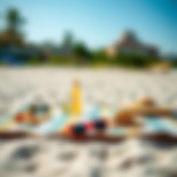 Chic Beach Setup with Portable Mat A stylish portable beach mat laid out on the sand with vibrant beach accessories.