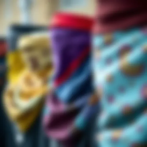 A close-up view of silky neck gaiters showcasing various colors and patterns