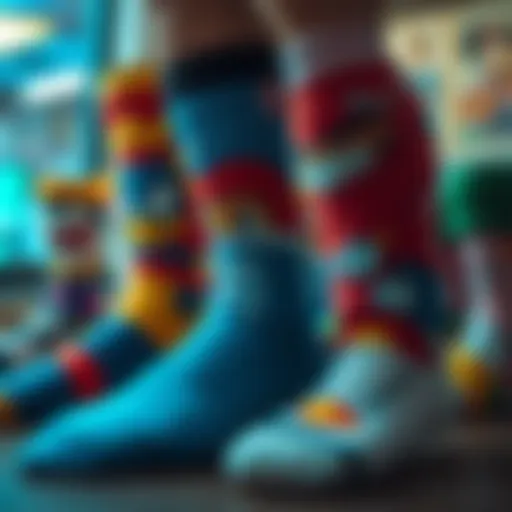 A vibrant display of various anime sock designs featuring popular characters