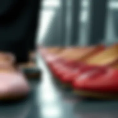 A close-up of diverse materials used in wide width ballet flats.