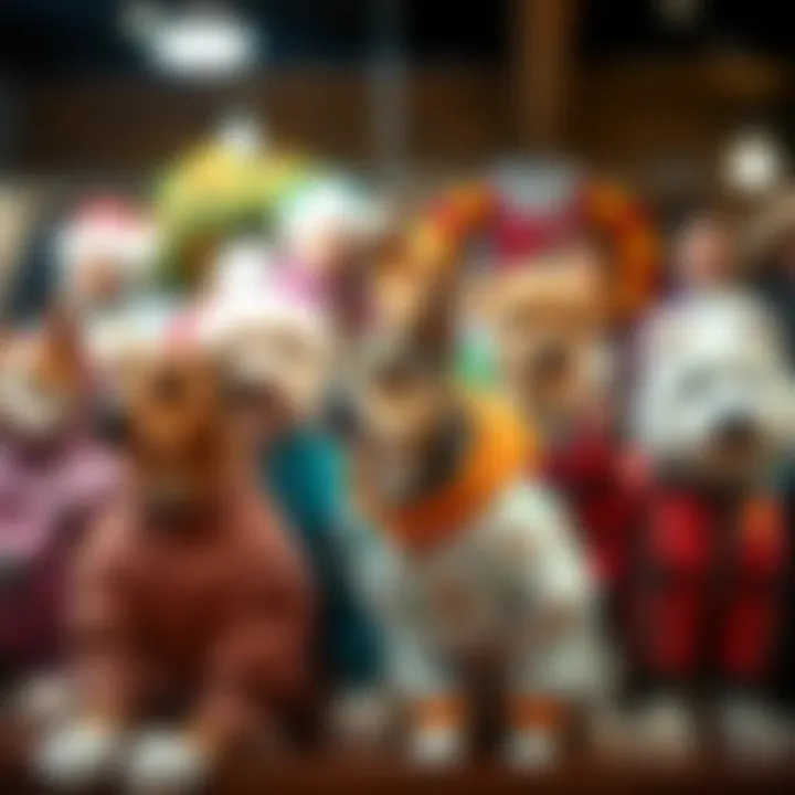 Various styles of dog pajamas on display