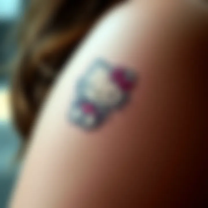 Hello Kitty Tattoo on Skin Close-up of a Hello Kitty temporary tattoo applied on skin, highlighting its colorful details