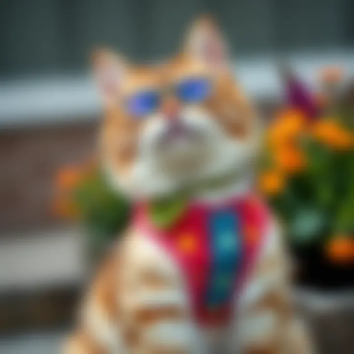 A stylish fat cat wearing a colorful harness outdoors