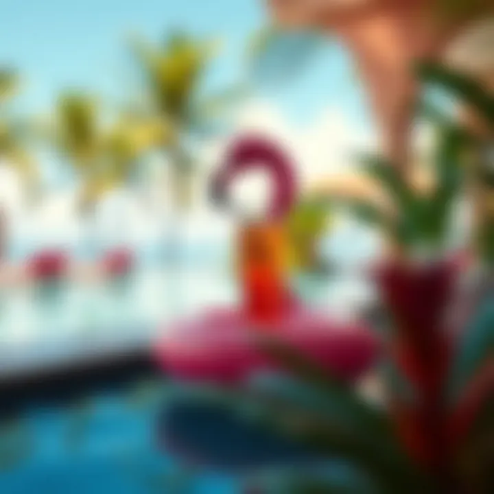 Tropical Oasis with Flamingo Floating Drink Holder Vibrant flamingo drink holder surrounded by tropical decor