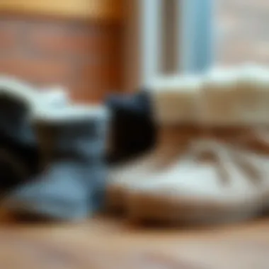 Different styles of fleece booties on a wooden surface
