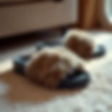 Trendy Fluffy Slides on Soft Surface A stylish pair of fluffy slides placed on a plush carpet