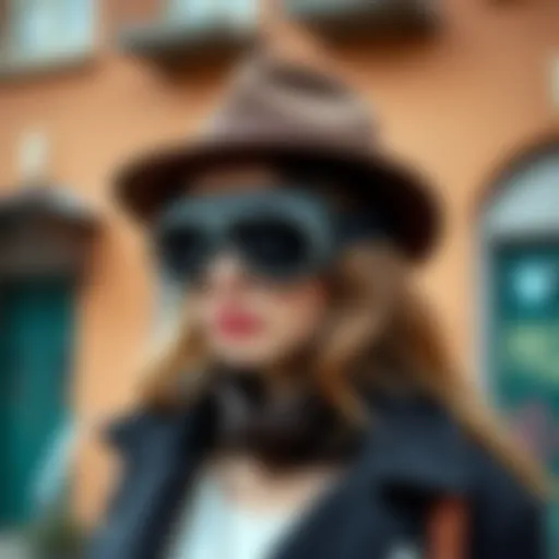 A stylish model wearing a vintage-inspired hat paired with modern goggles against an urban backdrop.