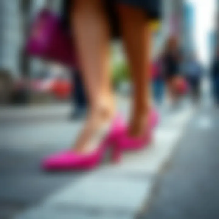 Hot pink shoes paired with a bold outfit on a city street