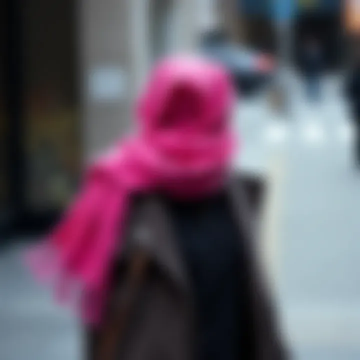 Fashionable hot pink scarf draped over a stylish coat