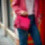 Vibrant hot pink handbag styled with casual outfit