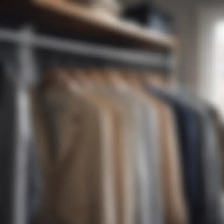 Organized wardrobe featuring a variety of garments on layered hangers