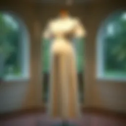 Elegant milkmaid maternity dress on display in a serene environment