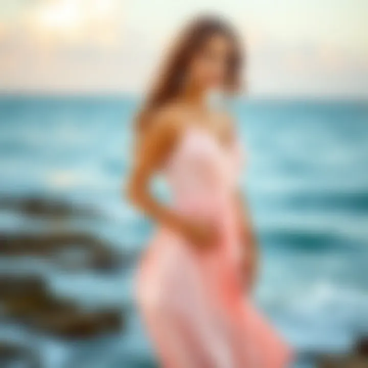 A model showcasing a pastel dress against a scenic coastal backdrop