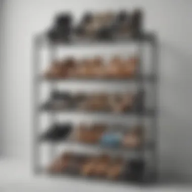 Creative Shoe Arrangement on Multi-Tier Rack Creative arrangement of shoes on a multi-tier shoe rack