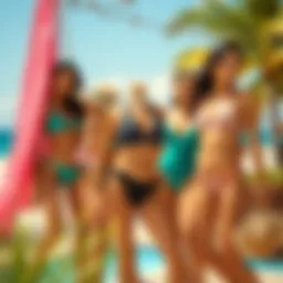 A stylish oasis swimwear collection displayed against a vibrant beach backdrop