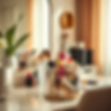 A stylish vanity setup enhanced by a rotating storage solution Organized vanity area featuring a rotating cosmetic organizer