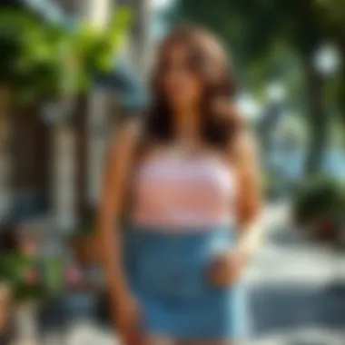 Chic plus size strapless top styled with a denim skirt