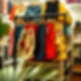 A selection of vibrant plus size vintage shorts displayed on a rack, showcasing various colors and patterns.