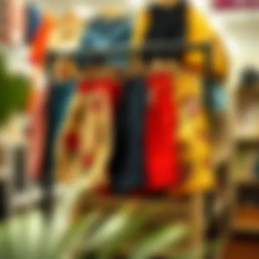 A selection of vibrant plus size vintage shorts displayed on a rack, showcasing various colors and patterns.